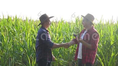 团队合作智慧农牧概念慢动作视频.. 两个男人农艺师两个农民握手团队合作生意